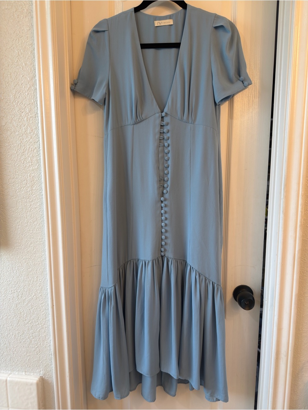 Soft Blue Button-Front Maxi Dress with Flutter Hem